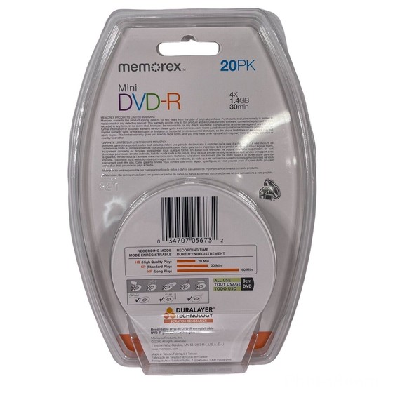 New Memorex Mini DVD-R For DVD Camcorders 20 Pack 4X 1.4GB 30 Mins Single Sided - Picture 2 of 6